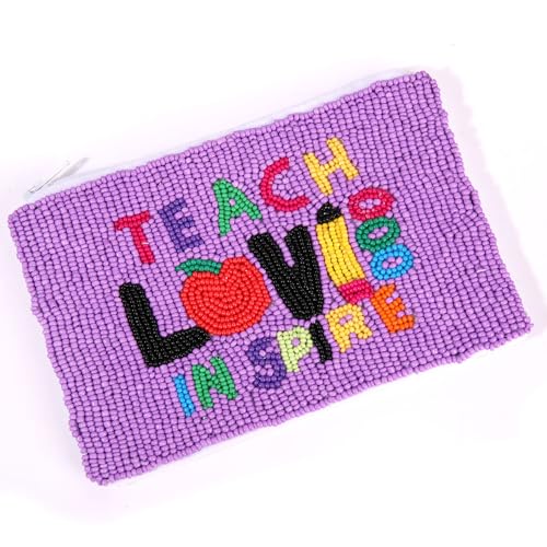 Teacher Beaded Coin Purse Teach Love Inspire Seed Bead Coin Purse Back to School Accessory Small Cute Wallet Coin Pouch Purse Teacher Appreciate Gift for Teachers - style: Teacher Beaded Coin Purse