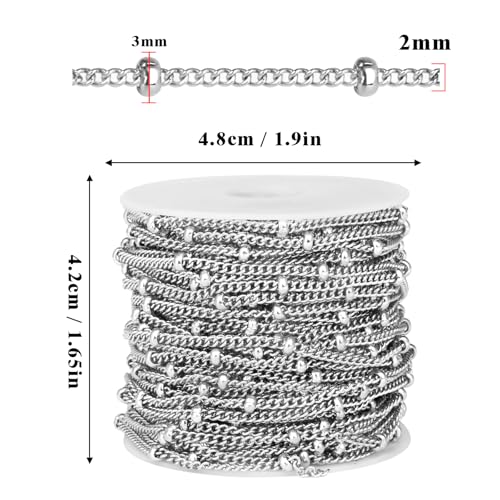 33 Feet Stainless Steel Satellite Curb Chain Roll, 2mm 304 Stainless Steel Ball Beaded Twisted Link Chains Spool Bulk for Jewelry Making DIY Craft - color: Stainless Steel Small Beads Satellite Curb Chain