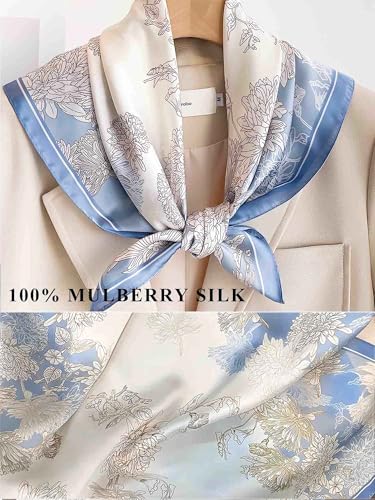 100% Mulberry Silk Scarf for Women Hair Lightweight Square Neckerchief Wrap For Head Scarves 21" - color: 17-light Blue Daisy /21"*21"