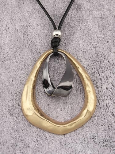 Kelake Leather Necklace for Women Men Teen Vinatge Boho Alloy Pendant Choker Jewelry Fashion Sweater Necklaces with Adjustable Genuine Leather Chain - color: Black Gold 2 Circles Pendant