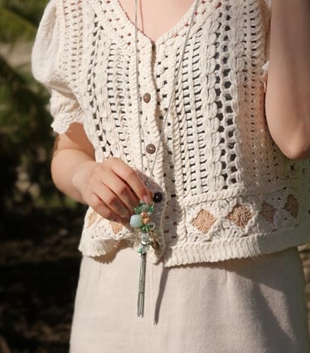 Noessla Boho Long Pendant Necklaces for Women Silver Tassel Long Necklace Sweater Chain Mothers Day Gifts Silver Costume Jewelry for Women - color: Amazon Green