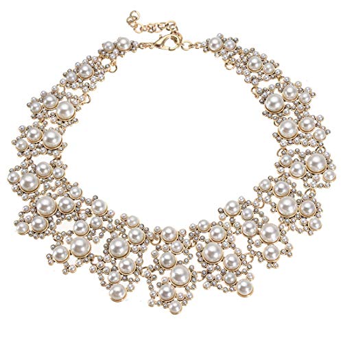 Jerollin Crystal Rhinestone/Pearl Statement Chain Necklace, Vintage Choker Bib Pendant Necklace Bohemian Bling Tassel Collar Statement Necklace for Evening Party - color: White