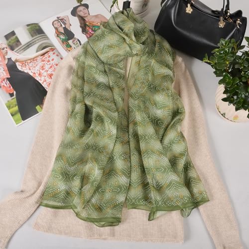 100% Mulberry Silk Women's Neck Silk Scarf-Lightweight Shawl,FLoral Print Beach Silk Wrap-Scarves for Photography - color: Green Striped