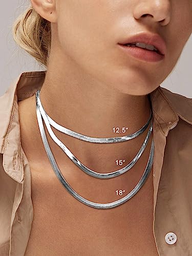 FOCALOOK 14K Gold Plated Necklaces for Women, Fashion Herringbone Choker Necklace Stainless Steel Flat Snake Chain 3/5MM(W) 12.5"/15"/18"+3.5"(L) - color: 5MM-Silver-12.5"