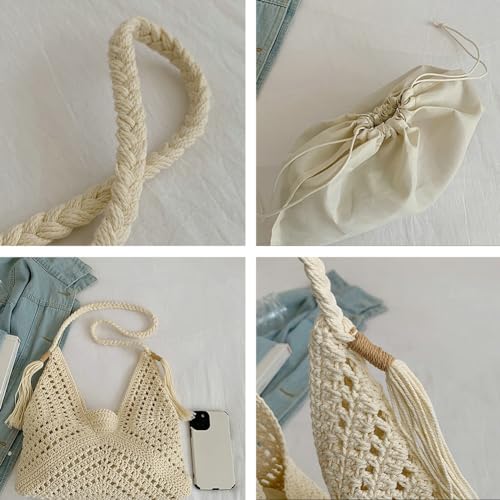 Boho Straw Bags for Women Large Woven Tote Bag Straw Beach Bag Shoulder Bags Purse Handbags Summer Straw Hobo Bag - color: Beige