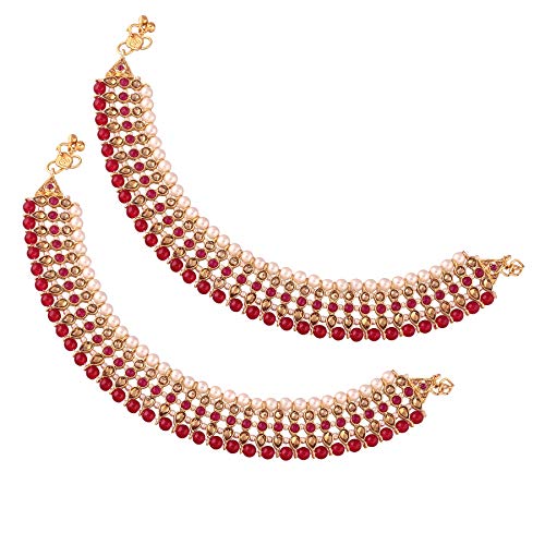 I Jewels Gold Plated Indian Traditional Bollywood Style Ethnic Gold Kundan & Pearl Anklet/Payal Barefoot Jewelry for Women (A034-35) - style: Style 1