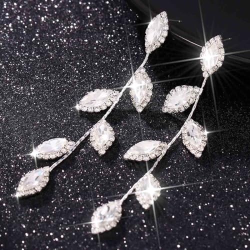 Catery Crystal Wedding Earrings Rhinestones Dangling Earrings Leaf Bridal Ear Jewelry for Brides and Women - color: Silver