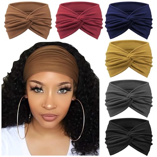 DRESHOW 6 Pack Extra Wide Headbands for Women Large Turban Headband Boho Head Wrap Elastic Hairbands Hair Twisted Knot Hair Accessories - color: 6 Pcs: Solid Color B
