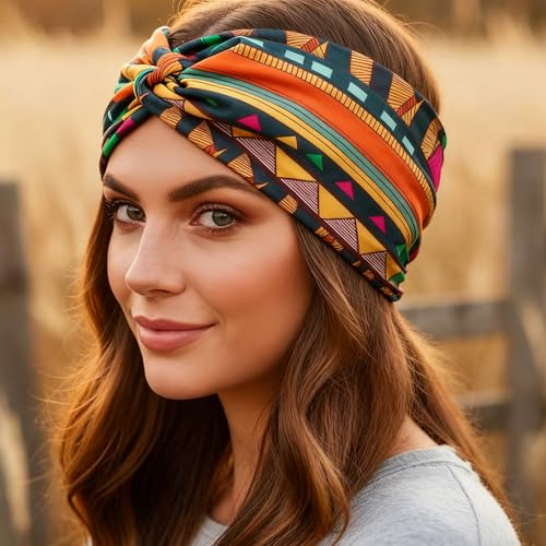 FULZTEY Wide Headband Boho Hair Bands African Style Turban Headbands Knotted Bandana Cute Hair Scarf Non Slip Sweatband Criss Cross Head Wraps For Women Teen Girls Yoga Running 4 Pcs - color: Style 144