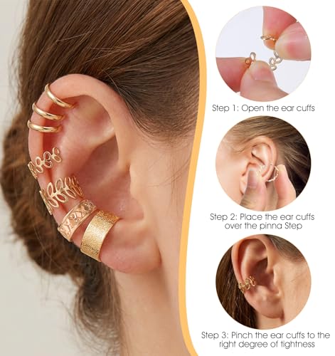 22 Pcs Gold Ear Cuffs Non Piercing, Lightweight Adjustable Clip On Earrings Fake Piercing, Skin-Friendly Cartilage Butterfly Chain Twist Helix Leaf Wrap Earrings Set, Trendy Jewelry for Women