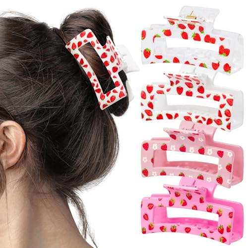PANTIDE 4Pcs Strawberry Hair Claw Clips for Women Girls - Cute Fruit Rectangle Nonslip Clips Hair Accessories Aesthetic Barrettes for School Daily Party Favor Small Gifts Strong Hold