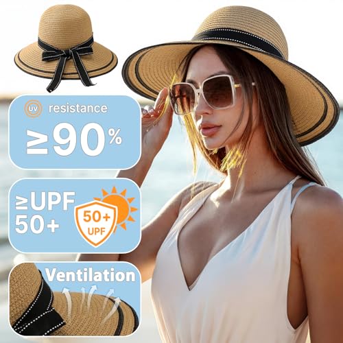 Beach Hats for Women, Wide Brim Sun Straw Hat for Women, Sun Hat UPF 50+ UV Protection - color: Brown Hat