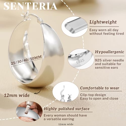 Senteria 12mm Wide Thick Hoop Earrings 925 Sterling Silver Hoop Earrings for Women Hypoallergenic 14K Real Gold Plated Hoops Large Earring Lightweight Chunky Hoops Earring for Women 25/30/40/50MM - color: Silver-40mm