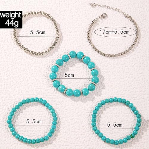 Boho Blue Turquoise Bracelet Set Rhinestone Tennis Bracelets Silver Round Ball Bracelet Turquoise Stone Beaded Bracelets Multilayer Stackable Bracelet Jewelry for Women