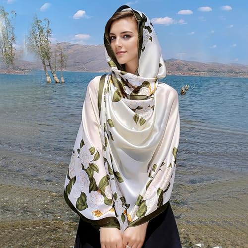 vimate 100% Large Silk Feeling Scarf-Women's Fashion Long Mulberry Silk Satin Neck Scarf Sunscreen Shawl Wrap Headscarf - color: Style 19