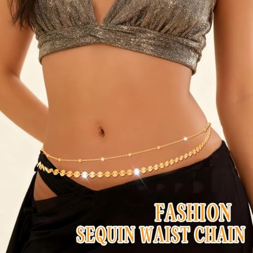 Rhinestone Waist Chains Crystal Waist Chain with Pendant Abdominal Chain Thin Minimalist Body Chain Jewelry for Women Beach Rave - style: C-Sequin+Beads-Gold