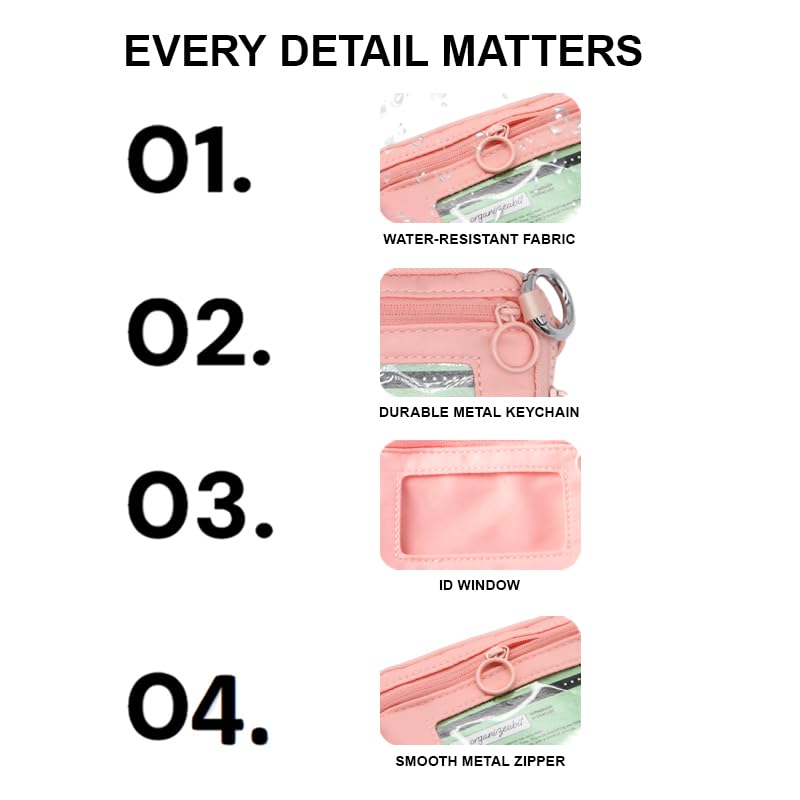 Wristlet Wallet for Women Mini Zip Card Case with Clear ID Window Zipper Coin Purse Lightweight Portable Keychain Wallet - color: Pink