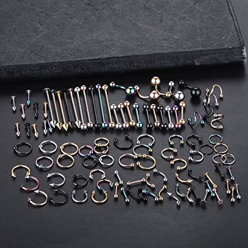 100PCS Piercing Kit Jewelry 14G 16G 20G Nose Rings Lip Studs Tongue Rings Stainless Steel Cartilage Earrings Tragus Eyebrow Industrial Barbell Belly Rings Body Piercing Kit Jewelry - color: Mixed-Color