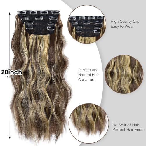 Clip in Synthetic Hair Extensions Long Wavy 4PCS Thick Hairpieces Blonde Highlighted Medium Brown Fiber Double Weft Natural Hair Extensions 20 Inch for Women (4pcs, 20Inch, 86H10#) - color: 86H10-Blonde Highlighted Medium Brown