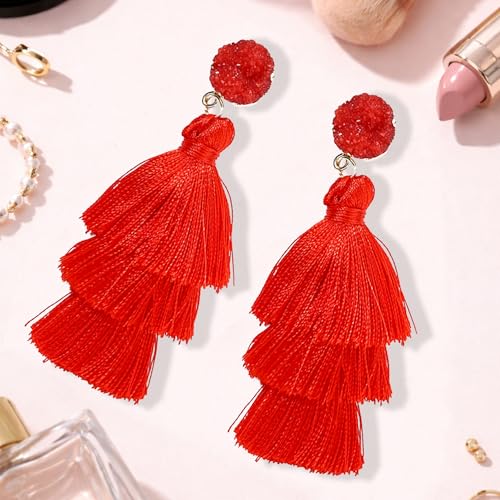 Tassel Earrings for Women - Colorful Layered Tassle Dangle Drop Earrings - color: Red