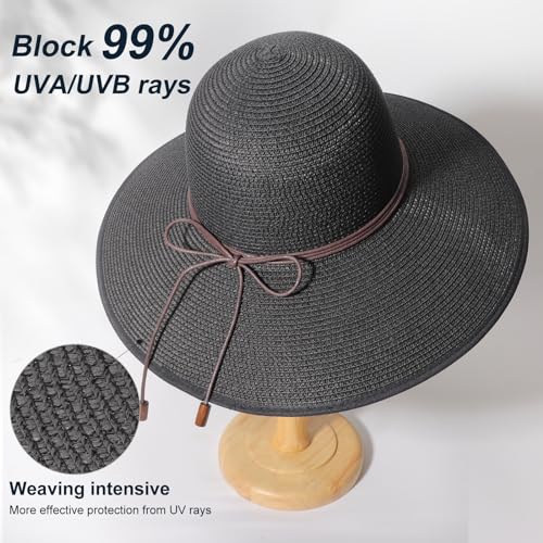 DRESHOW Beach Hats for Women Big Straw Wide Brim Summer Hat Floppy Foldable Roll up Cap Sun Hat UPF 50+ - color: 1 Pack Bowknot Hat: Black, 4.7" Brim