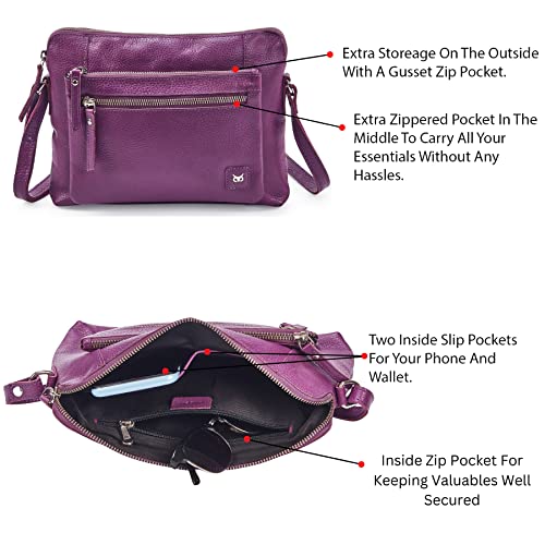 Leather Crossbody Bags for Women Small Soft Genuine Pebbled Sling Shoulder Handbag Crossover Purse with Full Adjustable Strap (Amethyst Nappa) - color: Amethyst Nappa