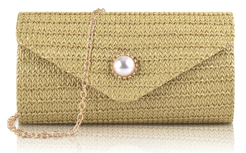PACETAP Straw Clutch Purse for Women, Pearl Decoration Boho Crossbody Bags, Evening Clutch Purses Handbags for Wedding Party Cocktail Prom Dinner(Light brown) - color: Straw Light Brown