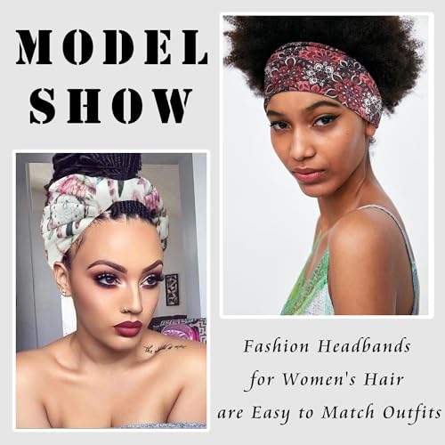 FULZTEY Wide Boho Headbands for Women Fashion Floral Print Bandana Head Bands Large Knotted Hairband Elastic Workout Yoga Turban Thick Headwraps Cute Hair Accessories for Teen Girls 4Pcs - color: Style 85