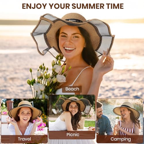 Beach Hats for Women, Wide Brim Sun Straw Hat for Women, Sun Hat UPF 50+ UV Protection - color: Khaki Brown Mesh