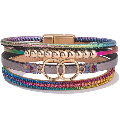 FANCY SHINY Boho Leather Wrap Bracelet Stackable Infinity Chunky Cuff Bracelets Western Hippie Outfits Jewelry Valentine Gifts for Women - color: Rainbow