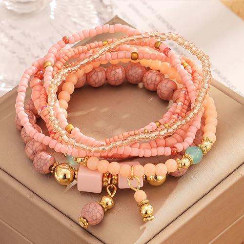 IFKM 8PCS Beaded Bracelets for Women, Multilayered Stackable Strand Stretch Bead Bracelet Pack Handmade Trendy Bohemian Charm Jewelry - color: Pink