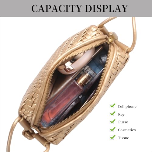 Woven Crossbody Bags for Women Handwoven Purses Vegan Leather Small Handbag Handmade Shoulderbag | Lightweight - color: Gold