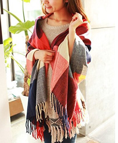 Wander Agio Women's Fashion Long Shawl Big Grid Winter Warm Lattice Large Scarf - color: Orange Red