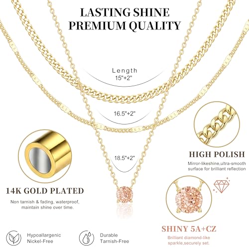 WomenGifts Layered Gold Necklaces for Women, 14K Gold Sterling Silver Plated Dainty Pendant Necklace Set Non Tarnish, Chunky Stackable Cuban Chain Choker, Trendy Birthstone Vacation Jewelry Gift - color: Gold, style: Cubic Zirconia-Created Citrine-Nov