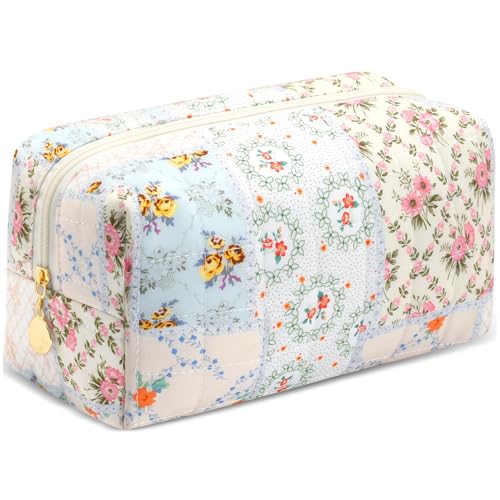 Small Makeup Bag Quilted Cosmetic Bag Floral Travel Toiletry Bags for Women Cute Pencil Case Quilted Makeup Pouch Aesthetic Coquette Cosmetic Pouch Cotton Make Up Bags Cute Zipper Pouches Blue - color: Ab-flower bee