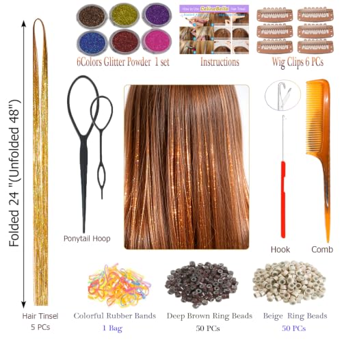 Celinebella Metallic Gold Hair Tinsel, 48" 1250 Strands Luxury Shimmer | Classic metallic gold tone, timeless versatile, heat resistant, great for office wear holiday parties & formal events - color: 16-Holographic Gold, size: 48 Inch Pack of 5Pcs