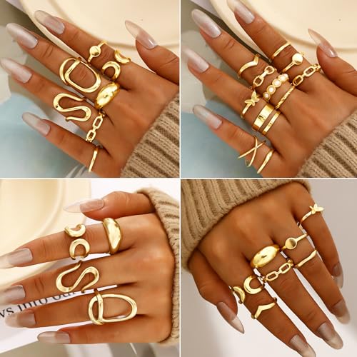 FAXHION 68 Pcs Gold Jewelry Set for Women with 7 Necklace, 17 Bracelet, 5 Hoop Earrings, 15 Stud Earrings, 24 Knuckle Rings for Women Jewelry Set for Women Gift - color: gold jewelry