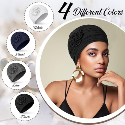JenPen 4 Pcs Cotton Chemo Headwear for Women Turban Soft Cancer Head Scarf Hats Beanie Elastic Hair Wraps - color: Solid Color