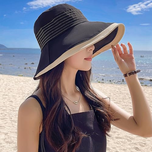 Women Sun Hats Wide Brim Summer Beach Fishing Hats Foldable UV Protection Cap - color: Black