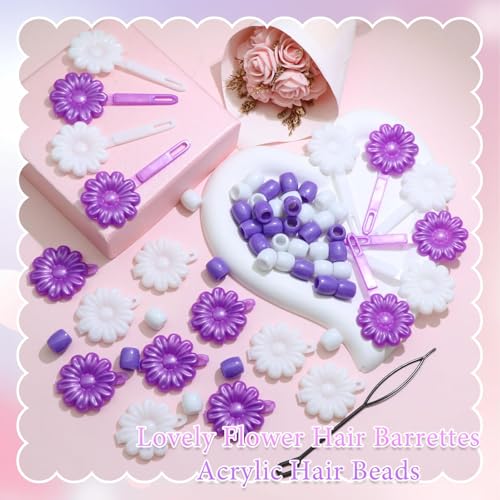 60PCS Hair Beads for Braids Loc Dreadlock Tube Bead Purple&White Pony Beads Self Hinge Flower Hair Barrette 80s 90s Hair Clips Cute Hair Accessories for Girls - color: Purple&White