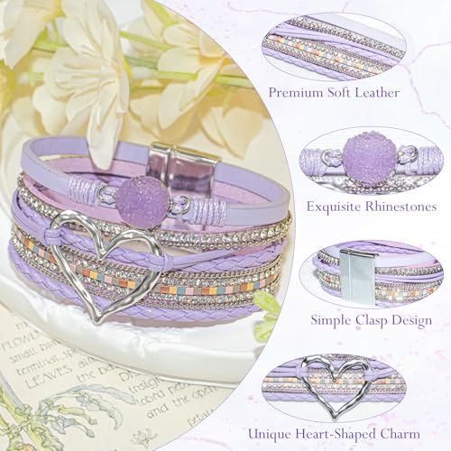 Leather Wrap Bracelet for Women, Boho Cuff Bracelet with Strong Clasp, Multi-Layer Crystal Leather Bracelet for Valentine Mother's Day - color: 01-Heart-Purple