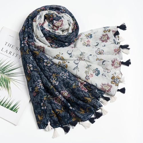 QIUTIMIY Scarf for Women Lightweight Soft Floral Leopard Printed Scarves Fall Winter Fashion Shawl Wrap with Fringe - color: Flower-black White