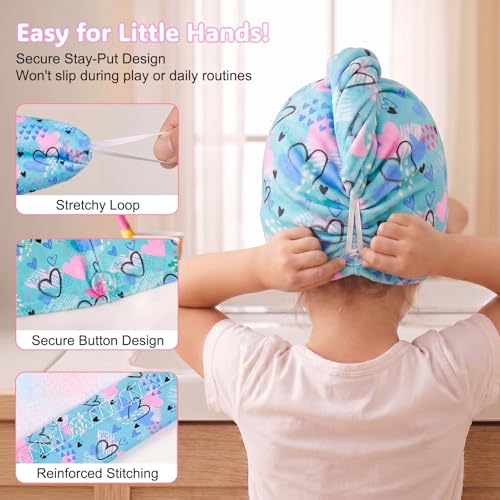 Basumee Microfiber Hair Towel Wrap for Kids 2 Pack Rapid Drying Hair Towel with Button Hair Turbans for Wet Hair Wraps Head Towel Wrap for Women and Girls, Blue and Purple Love - color: Blue and Purple Love