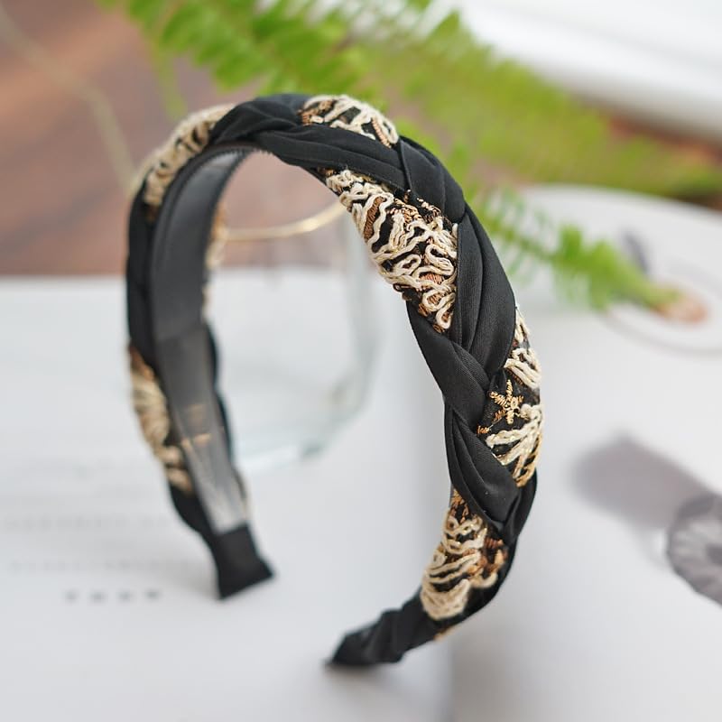 Braided Headband for Women-Vintage Fabric High Crown Headband with Non-Slip Teeth, Cute Boho Knotted Hair Band for Women & Teens (25-Black, One Size) - color: 25-Black