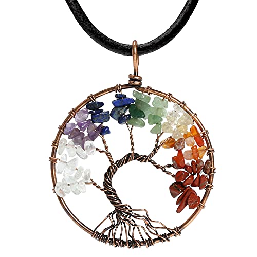 7 Chakra Gemstone Healing Crystals Necklace - Copper Wire Wrapped Natural Unisex Hippie Leather Choker - color: 5. Tree of Life