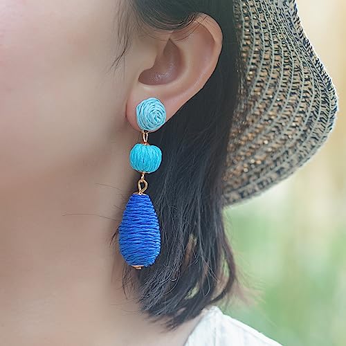 Boho Raffia Earrings Statement Dangle Earrings Cute Teardrop Ball Earrings Colorful Summer Jewelry Handmade Rattan Earrings for Women - color: 3Blue