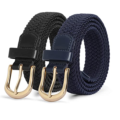 JASGOOD 2 Pack Braided Belts for Women, 1'' Narrow Width Elastic Woven Stretch Fabric Cloth Belts with Gold Buckle - color: C-black+blue, size: Fit Size 33"-36"