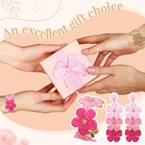 Tondiamo 3 Pcs Raffia Jewelry Set for Women Boho Daisy Flower Necklace, Open Cuff Bracelet, Earrings, Gift for Mom - color: Pink