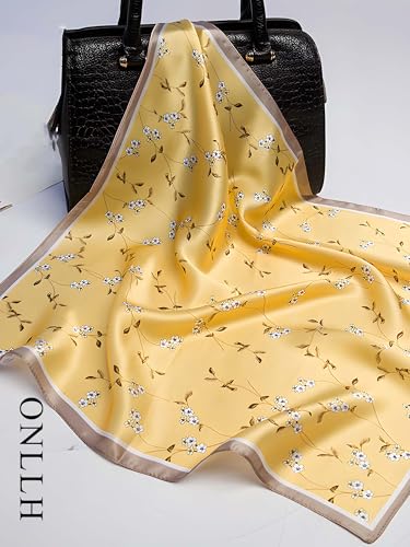 100% Mulberry Silk Scarf for Women Hair Lightweight Square Neckerchief Wrap For Head Scarves 21" - color: 15-bright Yellow Branches /21"*21"