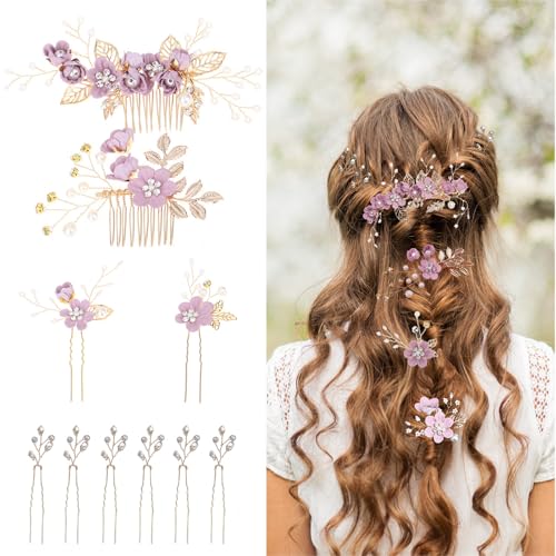 10PCS Floral Hair Comb Set for Women - Baby Purple Flower Hair Accessories, Victorian Hair Clips for Wedding, Prom, Mother of Bride, Flower Girl (Rose Gold, Fake Flowers) - color: Purple-F10